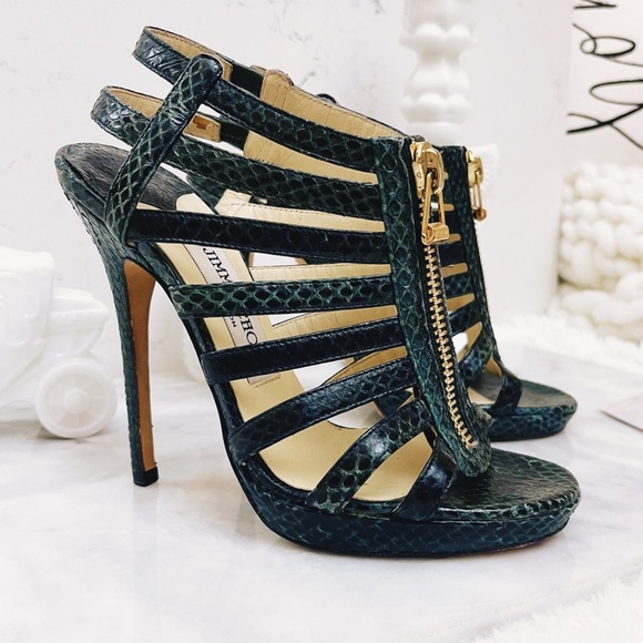 Authentic Jimmy Choo RUNWAY Emerald Elaphe Snakeskin Strappy Zip Sandals / Heels - Picture 12 of 14